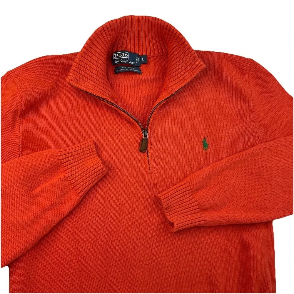 Vintage Polo Ralph Lauren Sweater Men Sz L Knit 1/4 Zip Pullover 90s Orange Pony